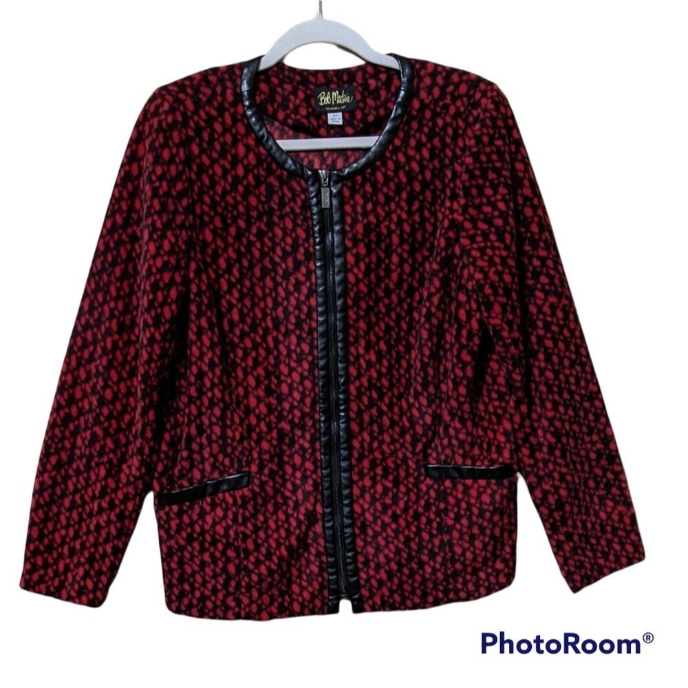 Bob Mackie fleece flannel jacket Medium red black wearable art animal zipper